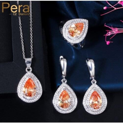 Pera Vintage Women Pendant Necklace Ring Earrings 3 Piece Set Luxury Big Water Drop Champagne Crystal Topaz Jewelry Sets J173