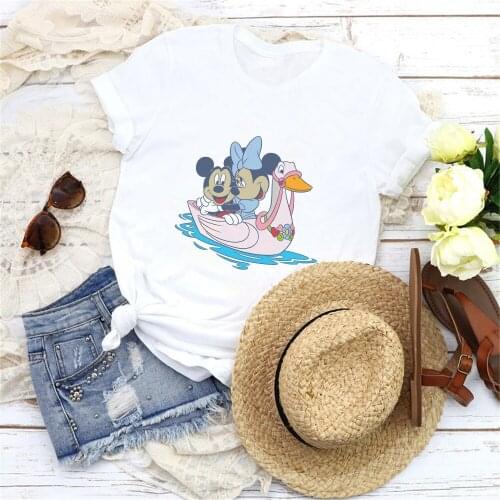 Disney Cartoon Printed Fashion Women T Shirts Short Sleeve Mickey Mouse Minnie Mouse Harajuku Femme Tshirts Girls Ladies Clothes