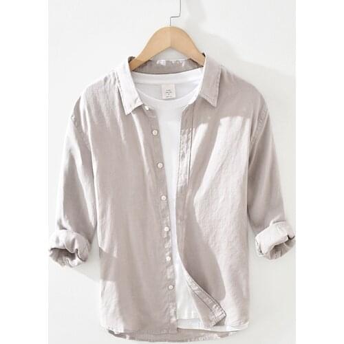 297A Men Linen Shirts White Smart Casual Simple Square Collar Three Quarter Sleeve Tops Loose Button-Down Solid Color Male Slim