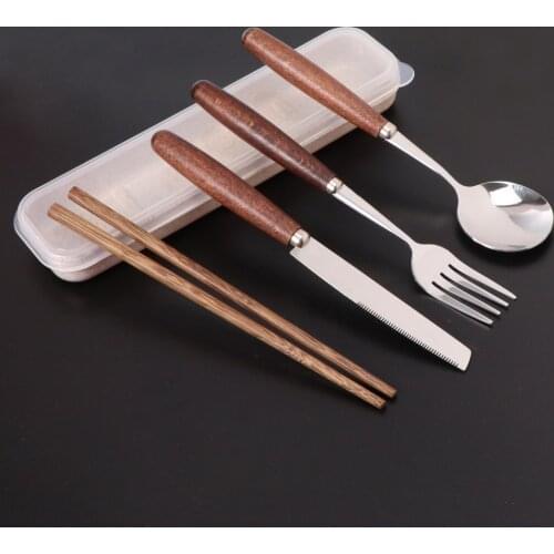 4PCS Wood Handle Stainless Steel Flatware Set Portable Reusable Cutlery Set with Plastic Box Camping Knife Fork Spoon Chopsticks