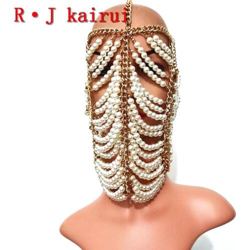 New Fashion RJH030 Gold Chains White Imitation Pearls Head Jewelry Unique Design Pearls Head Jewelry Costume Jewelry 2 Colors