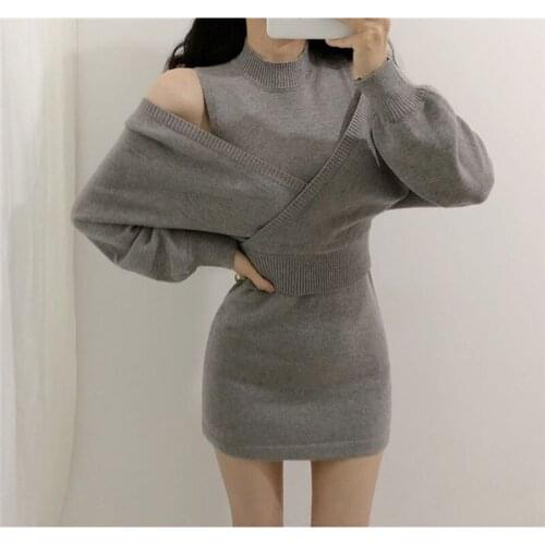 Wenfly Women Clothes Two Piece Sets Knitting Mini Dress Casual Mini Off Shoulder V-Neck Sweater Casual Elegant Korean Outfits