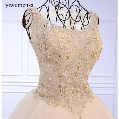 YIWUMENSA Crystals Beaded Scoop Neck A Line Bridal Gowns Custom Made Lace-Up Back Robe De Marriage Luxury Wedding Dresses 2021