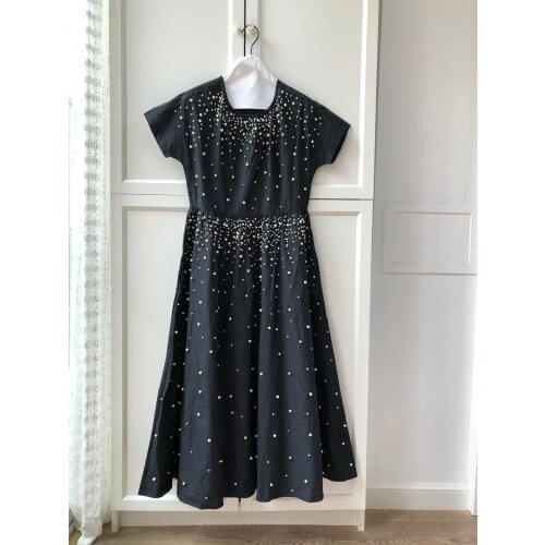 New Ladies Fashion 2021 Short Sleeve Round Neck Pearl Long Dress 0305