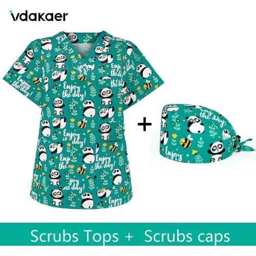 Scrubs tops for women Cute little panda Print V-neck Shirt Short Sleeve Beauty Salon Working Uniform vet Healthcare Workwear
