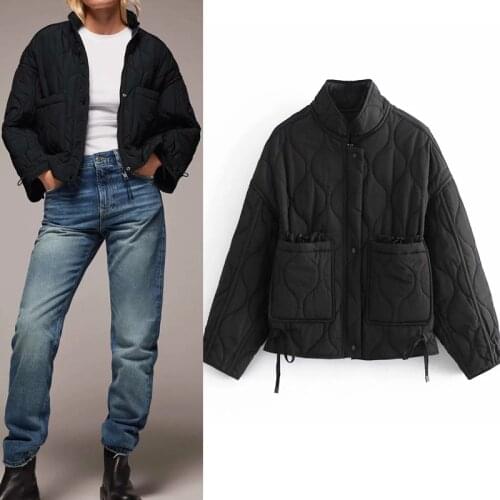 Za Women 2020 Fashion Warm Short Cotton clothes Coat Vintage Long Sleeve Loose Female Outerwear Zip Pockets Drawstring Chic Tops