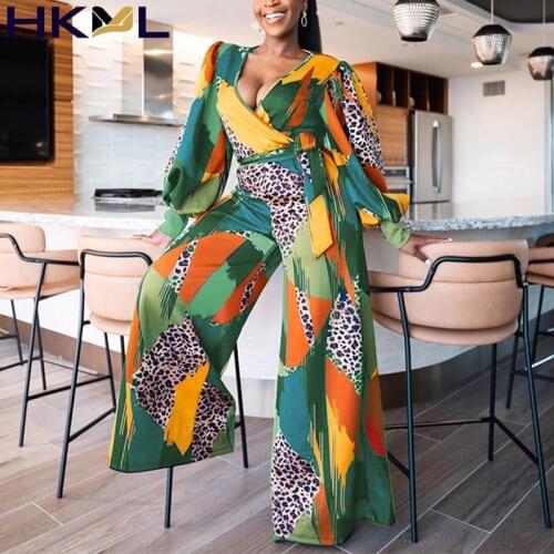 Women Plus Size Jumpsuit V-Neck Straps Lantern Long Sleeve Colorful Casual Chic Overalls Loose Wide Leg Jumpsuit Pants