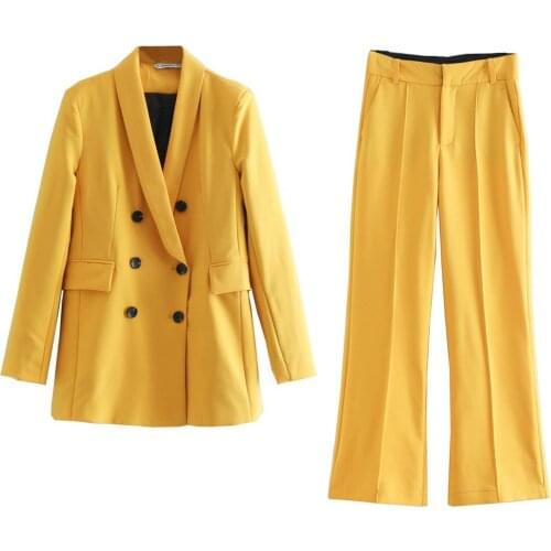 Fashion high quality suit suit casual Lapel solid color double-breasted slim suit+ high waist wide leg trousers 2piece set women