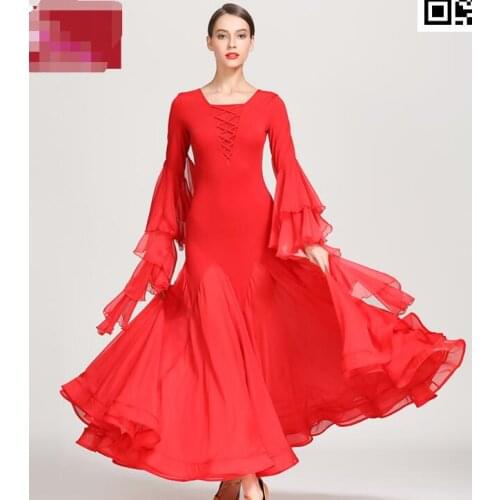 Lady Ballroom Dance Competition Dresses Women Standard Ballroom Waltz Dress green black red Tango dress ruffle sleeve 1866