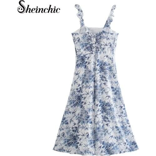 Chinese Vintage Flower Printed Midi Dresses for Women 2021 Summer Sexy Elegant Spaghetti Strap Floral Dress Female