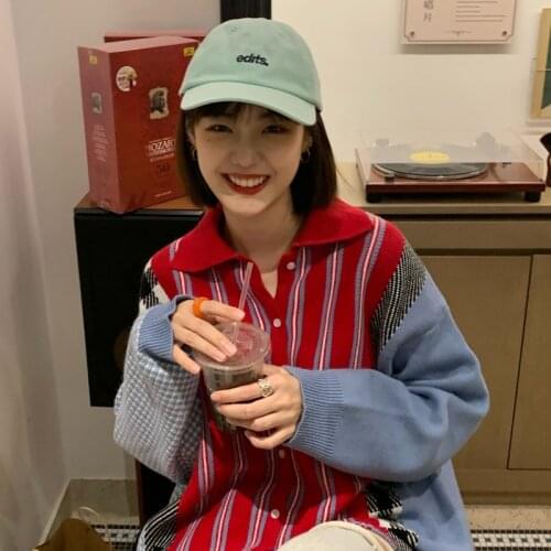 2 Colors 2020 Autumn korean style color patchwork knittd cardigans womens vintage sweaters womans (C8019)