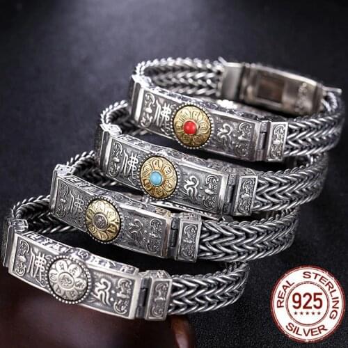 2020 Men Weave Rope Bracelet Bangle Pure 100% 925 Sterling Silver Buddha Mantra Inlaid turquoise Natural stone Fine Jewelry Gift