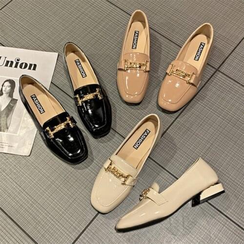 2021 New Women Pumps Korean Student Low Heel Metal Buckle Loafers Fashion Square Head Ladies Shoes Comfortable Women Shoes