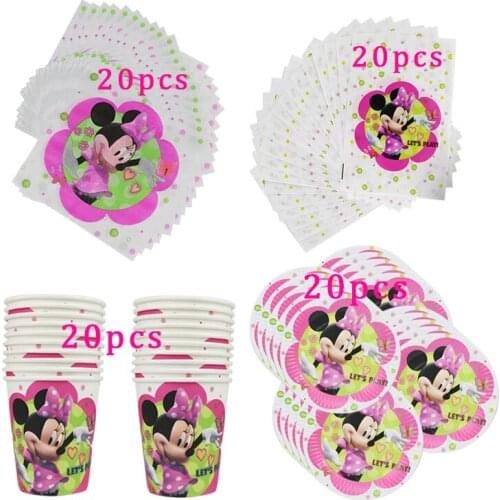 80pcs Disney Minnie Mouse Disposable Tableware kids Birthday Party Paper Cups +Plates+Napkins+Giftbags Sets Party Supplies