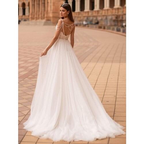 Beading Tassels Boho Outdoor Backless Wedding Dress Romantic V-Neck Tulle Lace Maxi Pre Wedding Shoot Bridal Gown Custom Made