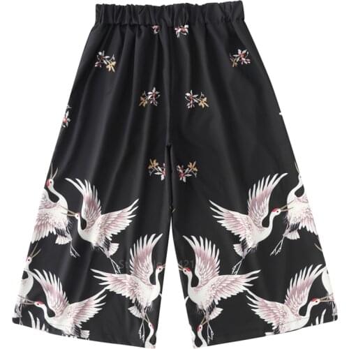 Womens Casual Loose Soft Elastic Waist Wide Leg Pants Drawstring Harajuku Japanese Ukiyo-e Crane Print Palazzo Cropped Trousers