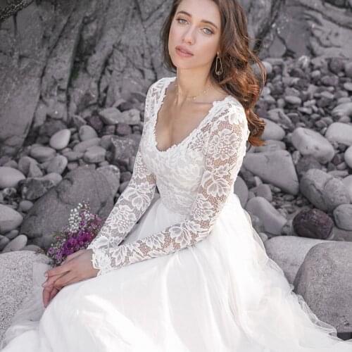 Rustic A Line Wedding Dresses Sexy Backless 2021 Summer Boho Beach Vestido De Novia Full Sleeve Lace Tulle Long Bridal Gowns