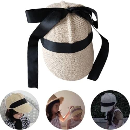 Kids Summer Woven Straw Baseball Cap Sweet Plaid Ribbon Bow Sunscreen Peaked Hat 28GD