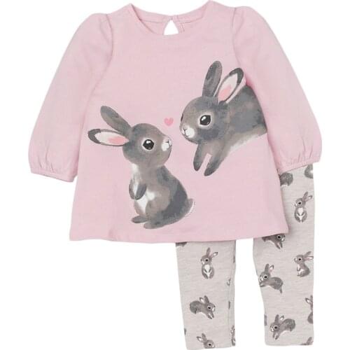 Childrens Sets New Autumn Cotton Baby Girl Clothes Toddler Set Brand Long Sleeve Bunny Print Pink Shirt + Animal Print Pants