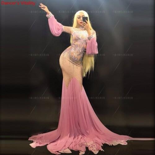 Red Carpet Long Sleeves Diamond-encrusted Slim Fit Mullet Long Dress Female Singer DJ DS Photography Sexy Performance Costume