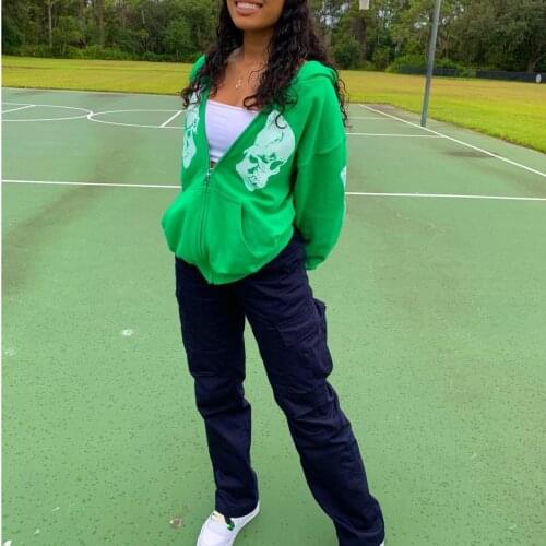 Dourbesty Green Hoodies Women Autumn Zip Up Long Sleeve Sweatshirts with Pockets Streetwear Loose Skull Print Outwear Grunge