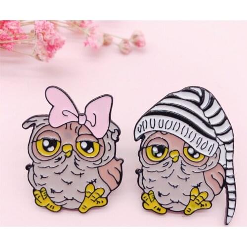 Cartoon Fashion Cute Owl Enamel Pins Pink bowknot nightcap Brooch Button Badge Couple Kids BFF Jewelry Backpack Accessories