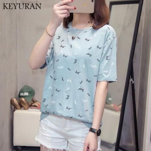 Womens Cotton Short Sleeve T-shirt Top Blue Purple Letter Print O-neck Female T-shirts Loose 2020 Summer Fashion Tee Tops 5XL