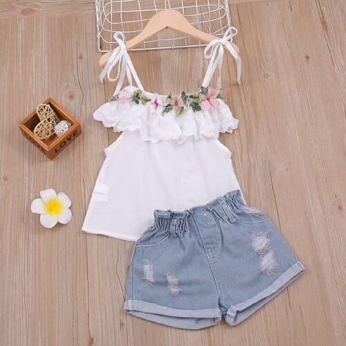 Summer Girls Clothes Sets Sleeveless Ruffled Neckline Sling Tops+Short Ripped Jeans 2pcs Outfits Children Clothing for 2-7Y