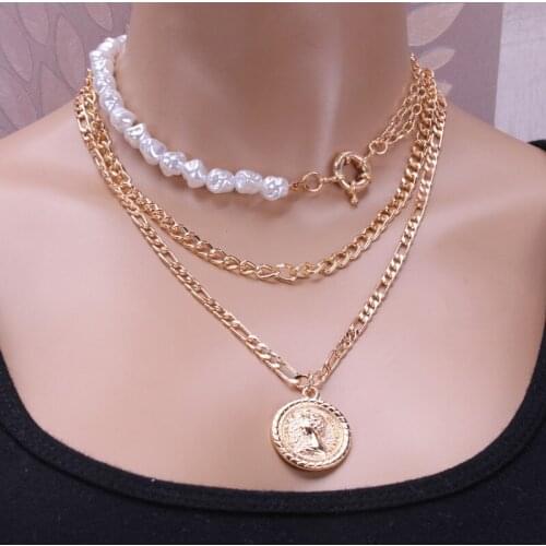 Layered Baroque Pearl Choker Colar Thick Chains Necklace for Women Fashion Coin Portrait Neck Jewelry Necklaces 2021