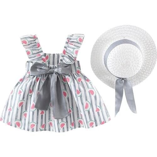 Baby Girl Dress Summer Cotton Watermelon Print Pink &Grey Princess Dress Clothes Hat Sets For Infant Girl
