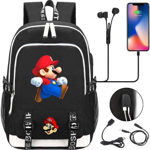 Super Mario Game Surrounding Canvas Shoulder Student Office Backpack Outdoor Usb Interface School Bag Kids School Supplies Gift