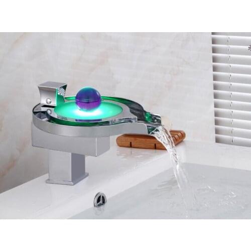 3 Colours change bathroom water basin faucet mixer,Copper single handle waterfall basin faucet LED,Chrome plated bathtub faucet