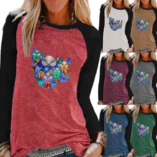 Autumn Fashion Ladies Casual Long-sleeved Round Neck Shirt Clothing Loose Print Color Block T-shirt Plus Size Womens Blouse