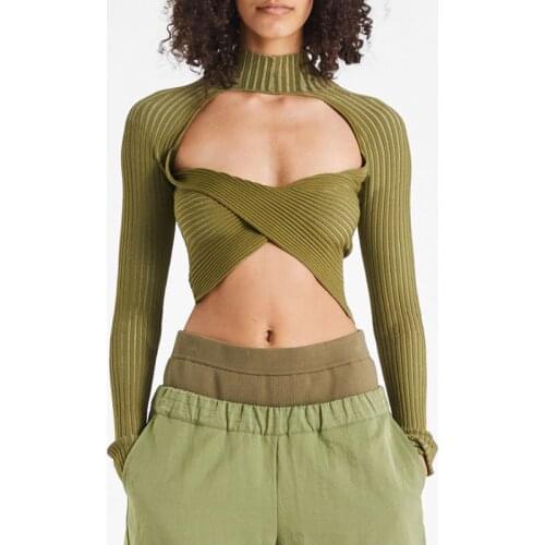 Women Turtleneck Reversible Knitted Crop Tops Hollow Out Crossover Twisted Sexy Long Sleeve