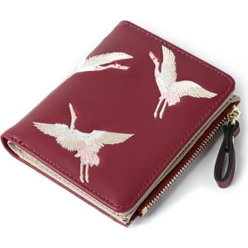 Women Leather Wallet Purses Female Cranes Embroidered Short Coin Zipper Purse Cards Holder New