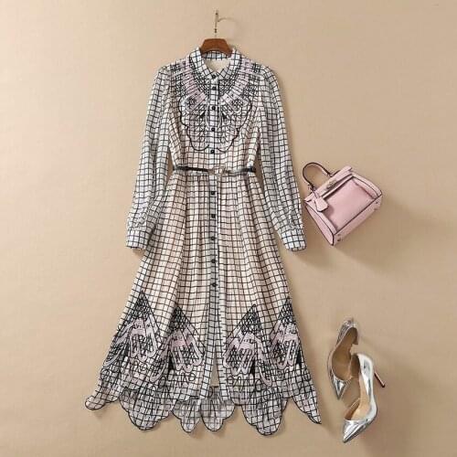 2021 HIGH QUALITY Spring Designer Runway Womens Long Sleeve Elegant Belt Ruffles Embroidery Plaid Shirt Dress