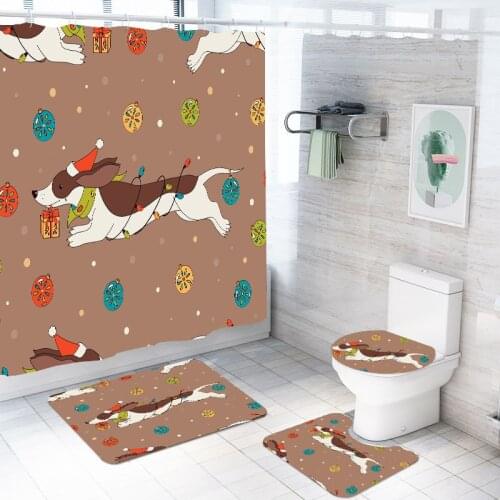 3/4 Pieces Cartoon Dogs Shower Curtains Sets Cartoon Animals Floor Mat Set Bathroom Set 3D Print Christmas Gift Bathroom Sets