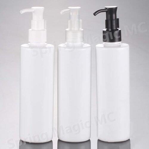 48PCS 250ML White Flat Shoulder PET Plastic Bottle With Clear/Black Lotion Pump For Shampoo/Shower Gel/Cleaning Oil Container
