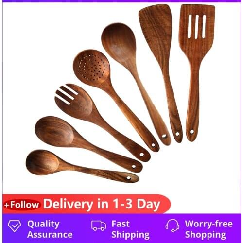 7 PCS Teak Wooden Kitchen Cooking Utensils Non-Stick Spoons and Spatula Cookware for Home and Kitchen
