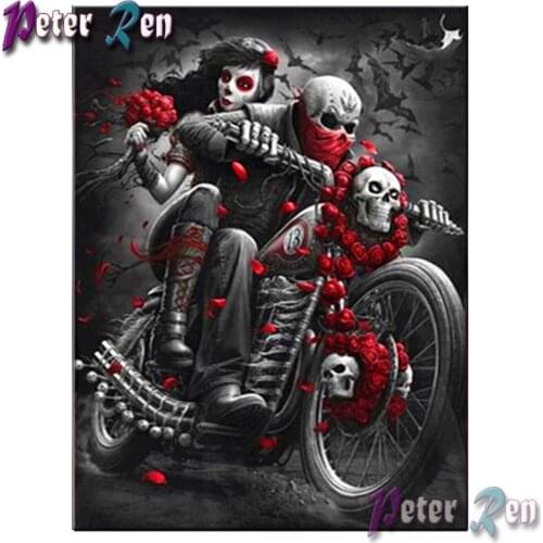 5d diamond Painting Cross Stitch DIY full Square\Round Embroidery Rhinestone Motorcycle couple skull picture Halloween gift