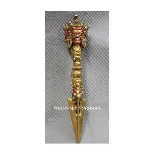 Bir 001489 9" Tibet Tibetan Bronze 24K Gilt Buddhist Hayagriva Buddha Statue Phurba Dagger