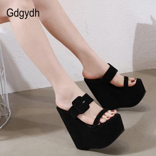 Gdgydh Height 17cm Sexy Nightclub Shoes High Heels Suede Solid Color Platform Sandals Woman Big Buckle Sandals Wedge Open Toe