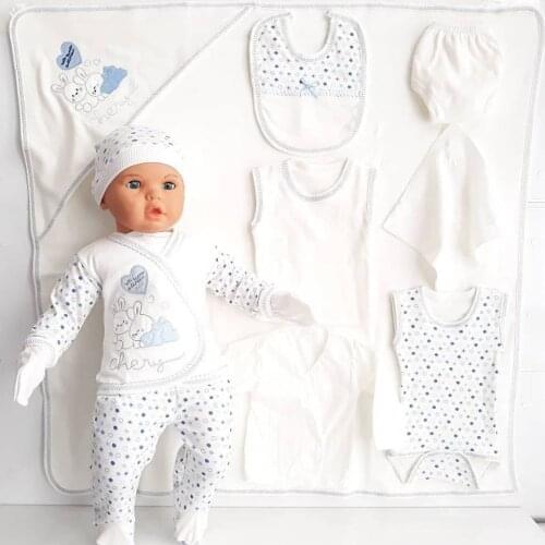 Chery Blue Heart Rabbit Polka Dot 11 Piece Newborn Hospital Output Set 0-3