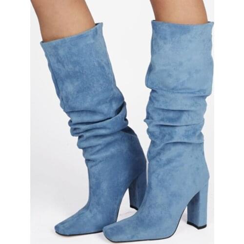 Designer Shoes Winter Ruffle Flock Upper Knee High Boots for Ladies Slip on Square High Heel Shoes Big Size 47