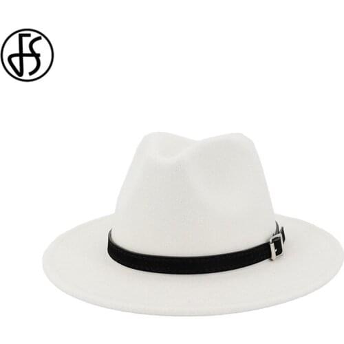 FS Men Women White Fedora Hat Wide Brim Wool Felt Panama Hats With Belt Buckle Jazz Trilby Cap Black Formal Caps Chapeau Femme