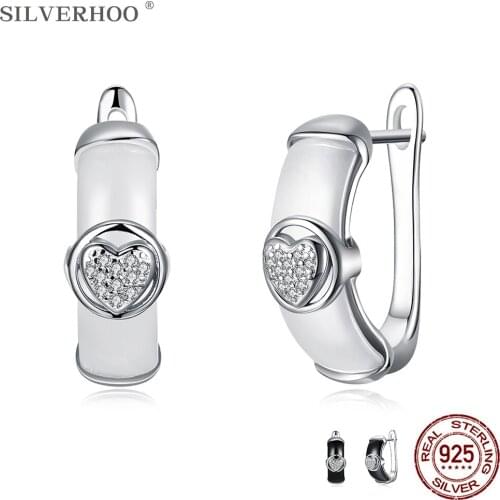 SILVERHOO Ceramics Clip Earring Sterling Silver 925 Jewelry Shining Heart 5A+ Cubic Zirconia Earrings For Women Romantic Gift