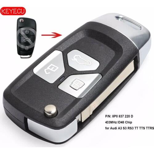 Keyecu Upgraded Flip Remote key 433MHz ID48 Fob for Audi A3 S3 RS3 TT TTS TTRS 2004-2013 P/N: 8P0 837 220 D