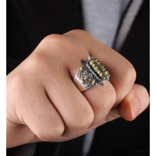 New Six-character Mantra Ring Mens Personality Trend Retro Single Ring Rotatable Retro Personality Transfer Silver Ring