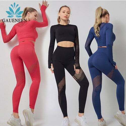 GAUENEEN Yoga Set Women Fitness Gym Clothing Hollow Out Long Sleeve Crop Top High Waist Seamless Leggings Sport Suit Sportswear