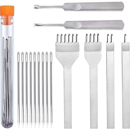 LMDZ Leather Stitching Set, Lacing Stitching Punch, 2 Shaped Stitching Groover Skiving Edge Beveler and Large Eye Sewing Needle
